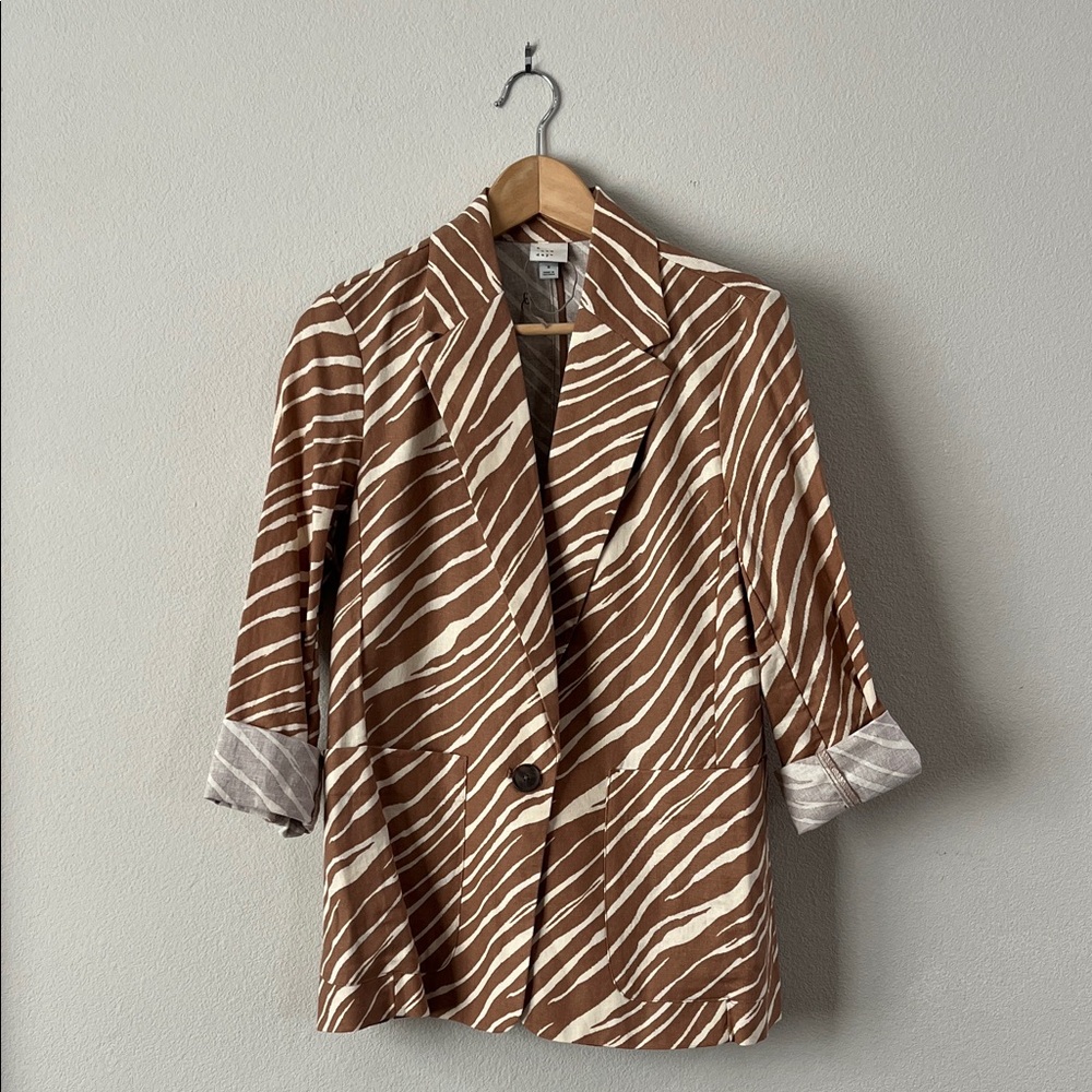 A New Day Brown and White Zebra Linen Blazer Size S